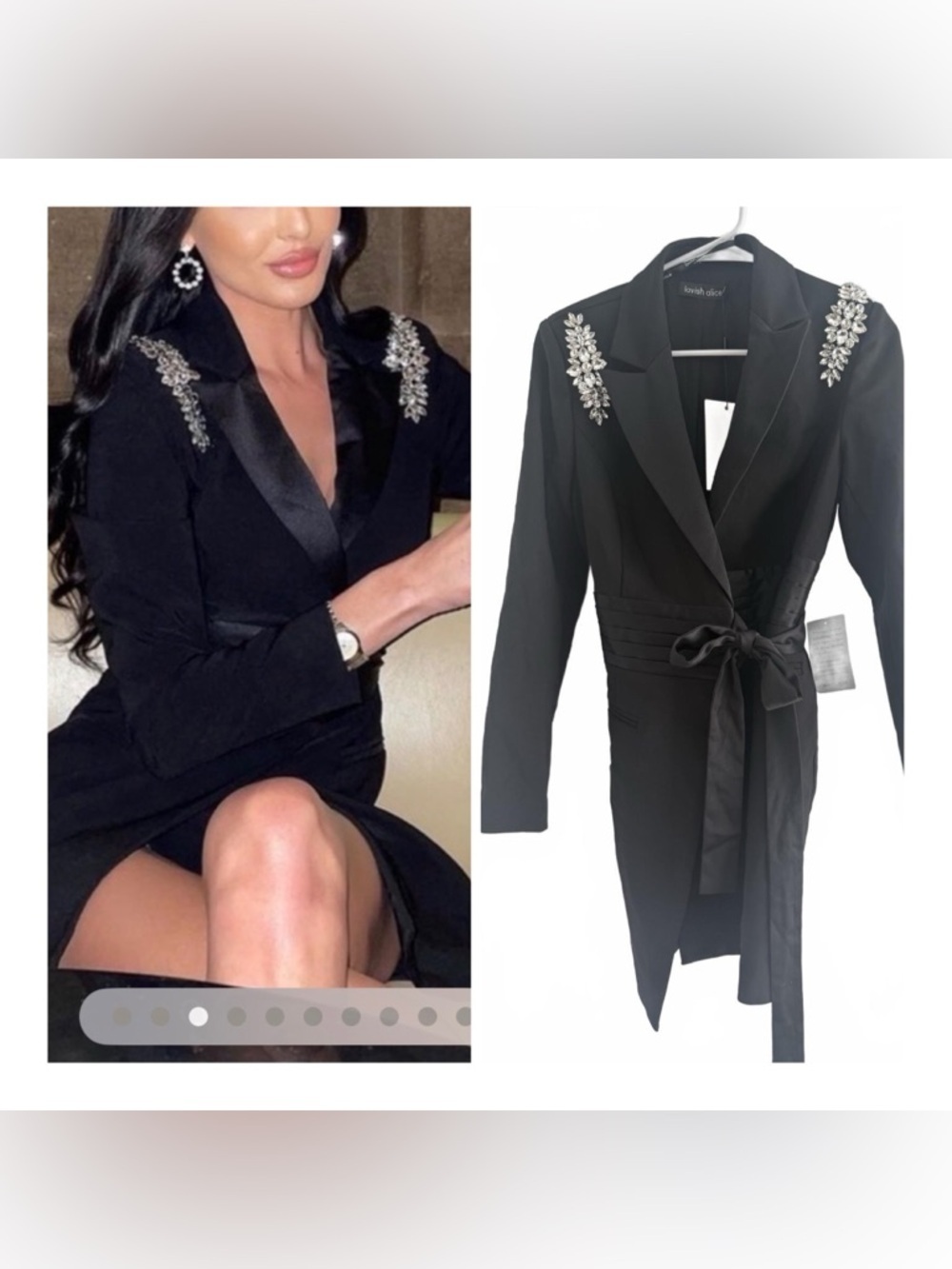 Lavish Alice Black Collar Blazer Dress with Crystal Diamanté Shoulder Accents